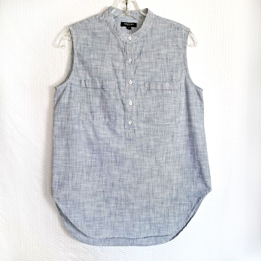Kenneth Cole 100% Cotton Sleeveless Blue White Pinstripe Button Up Shirt Size S